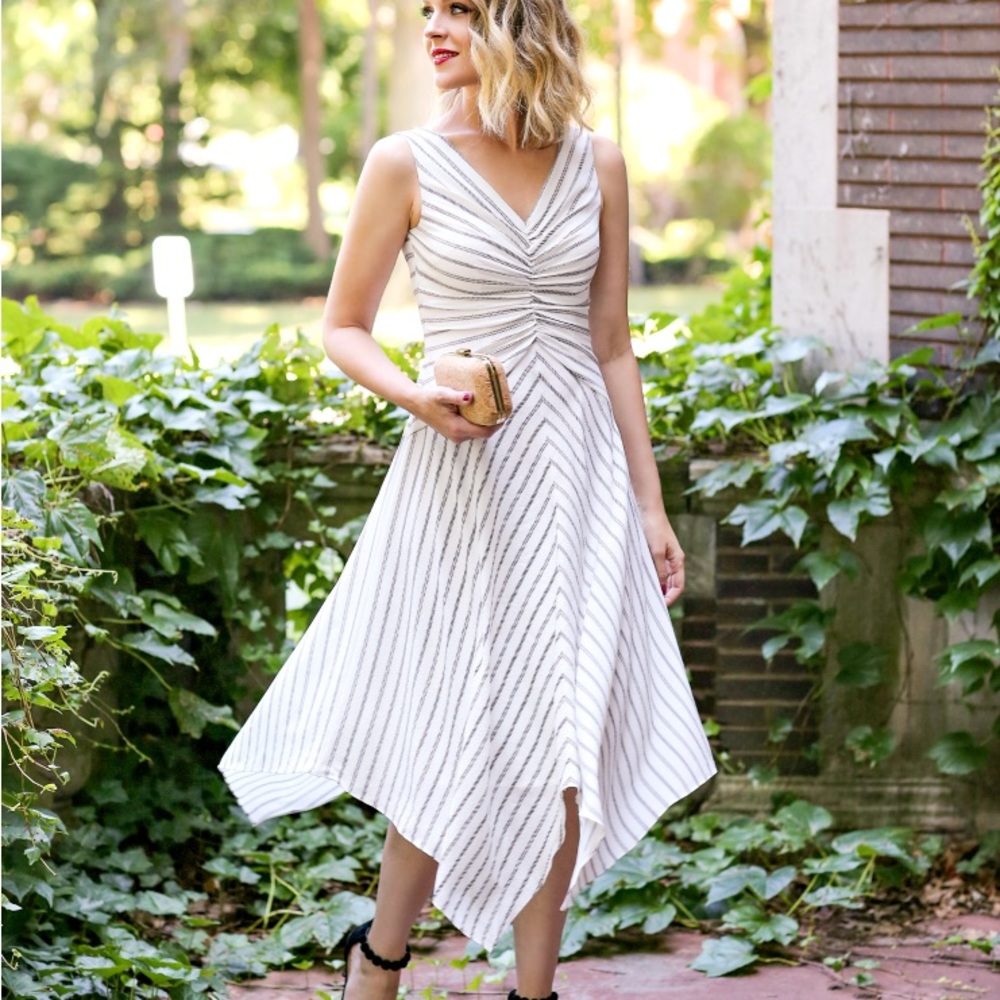 Maggy London White Striped Asymmetrical Midi Dress